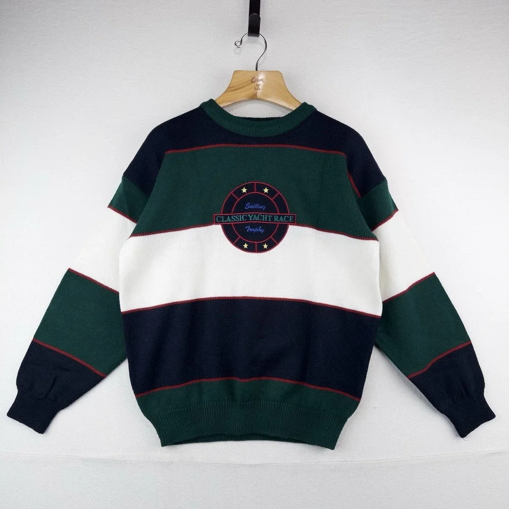 90's Vtg Embroidered Classic Yacht Club Racing Sweater Acrylic Color Block